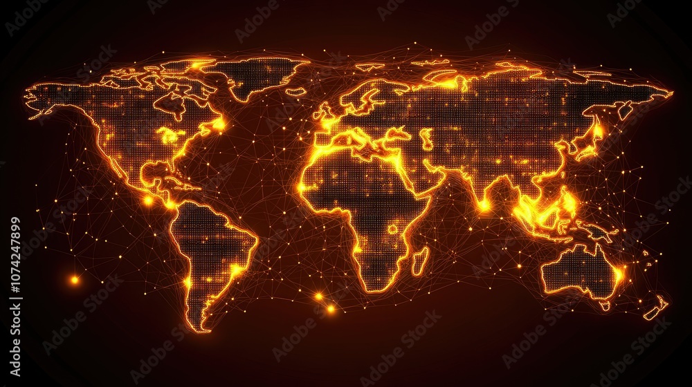 Poster world map with a glowing grid and data points, symbolizing a digital network