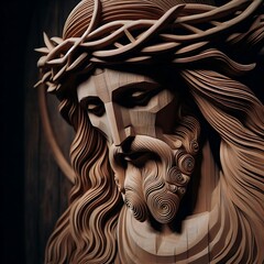 Illustration of wood art intricately to form a figure that appears to be Jesus Christ
