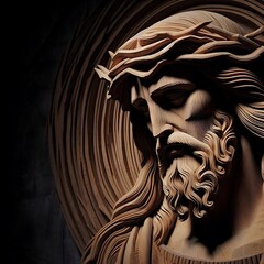 Illustration of wood art intricately to form a figure that appears to be Jesus Christ