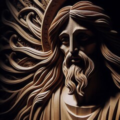 Illustration of wood art intricately to form a figure that appears to be Jesus Christ