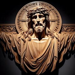 Illustration of wood art intricately to form a figure that appears to be Jesus Christ