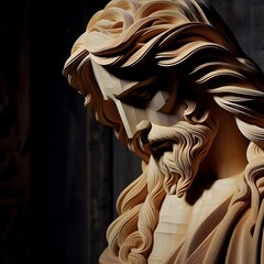 Illustration of wood art intricately to form a figure that appears to be Jesus Christ