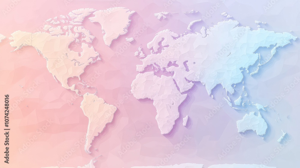 Poster world map with a pastel color scheme, soft gradients filling in the continents