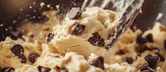 Close-up of chocolate chip cookie dough being stirred in a bowl, with flour splattering.