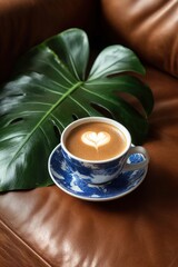 A cup of coffee with heart-shaped latte art, resting on a blue and white patterned saucer, beside a large green leaf, on a brown leather couch.