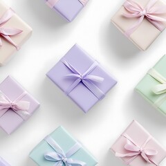A top-down view of multiple small gift boxes in pastel colors, each neatly wrapped with bows, arranged on a white background. The clean, minimalistic setup gives a high-end aesthetic perfect for