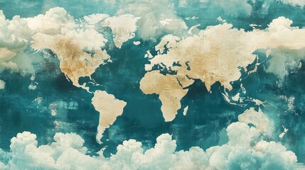 Obraz premium World map with cloud textures overlaid, giving it a dreamy, abstract look