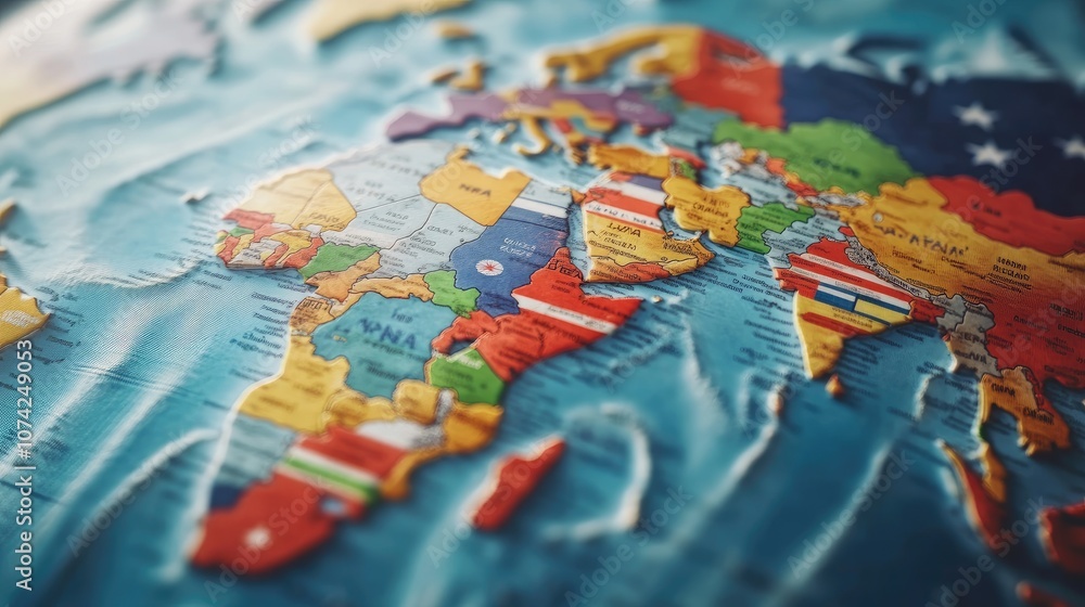 Poster world map with country flags representing different nations, dynamic composition