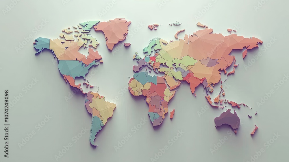 Poster world map with diagonal gradient lines and minimalist geometric shapes representing countries