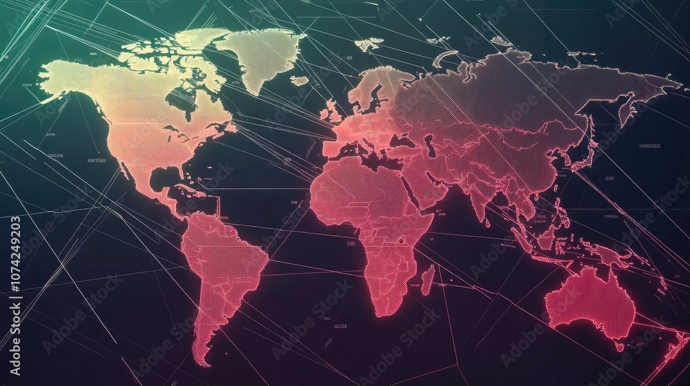 Poster world map with diagonal gradient lines and minimalist geometric shapes representing countries