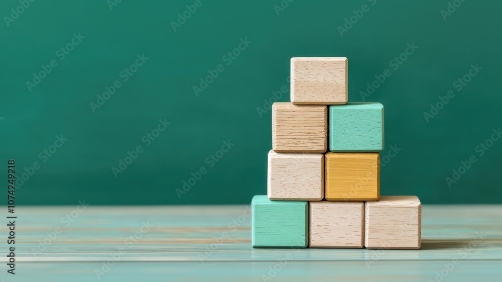 Poster a colorful arrangement of wooden building blocks stacked in a pyramid shape against a green backgrou