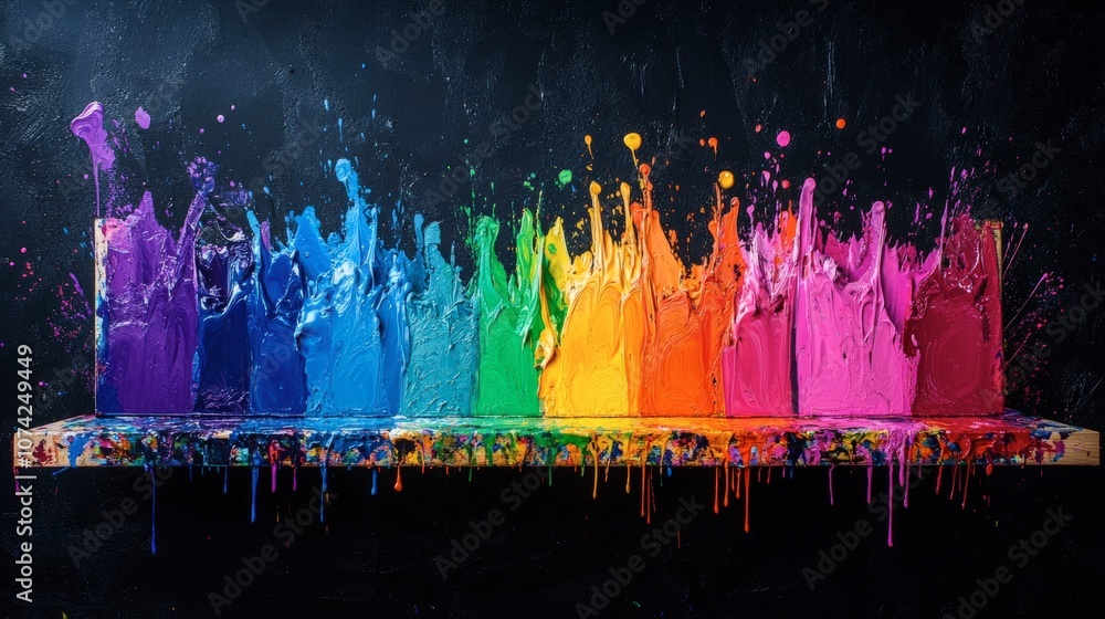Poster vivid splashes of colorful paint creating an abstract rainbow effect on a black background with drip