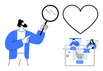 Man holding magnifying glass pointing at shopping cart with BUY button, heart icon above. Ideal for online shopping, e-commerce, product search, customer satisfaction, retail marketing, user