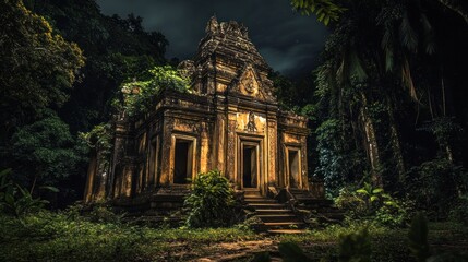 An ancient temple overgrown with vegetation in a dark, atmospheric forest setting.