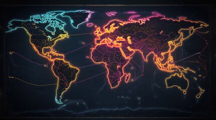 World map with highlighted trade routes and shipping lanes in neon colors