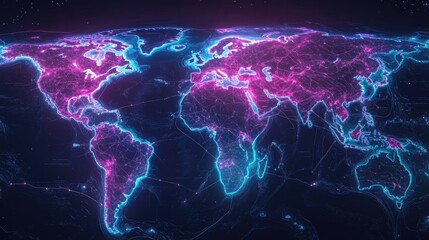 World map with highlighted trade routes and shipping lanes in neon colors