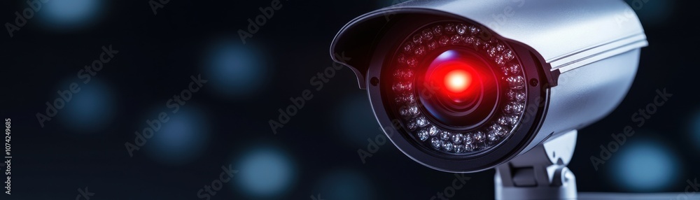 Poster a close-up of a security camera with a red recording light.