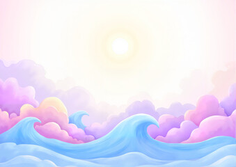 Pastel Clouds and Waves with Rising Sun