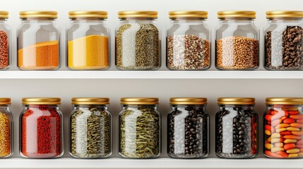 Glass Jars Filled with Assorted Spices and Grains on White Shelf