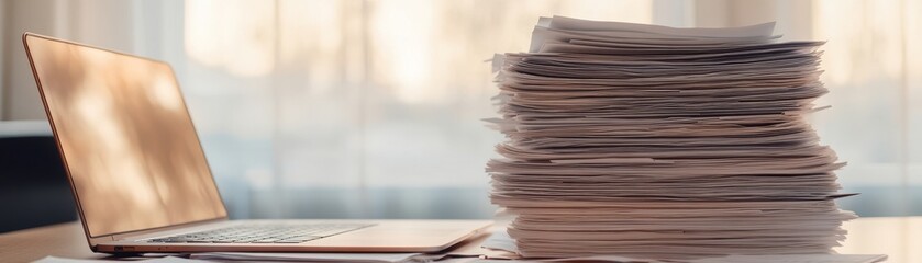 A cluttered workspace with a laptop and stacked documents.
