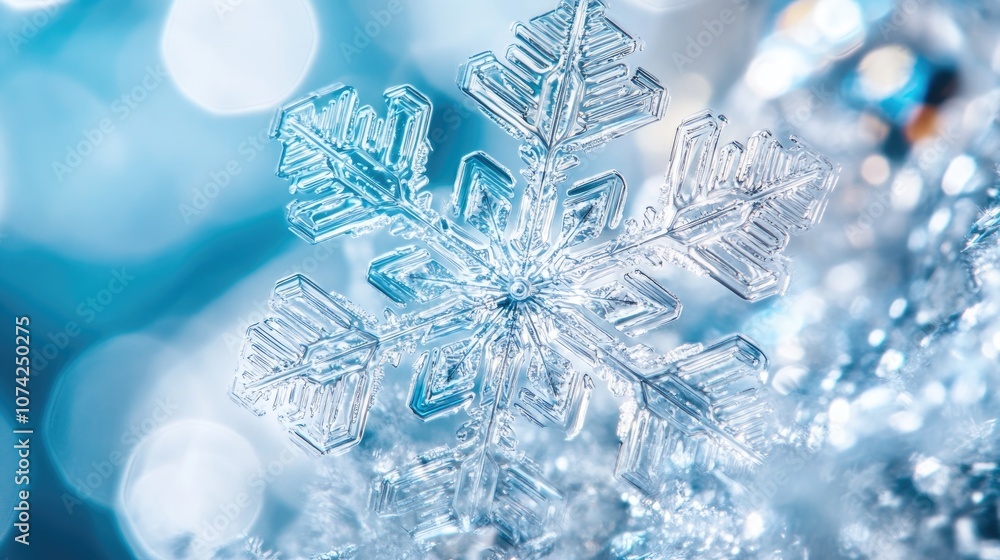 Poster macro shot of a snowflake showcasing its intricate crystalline structure