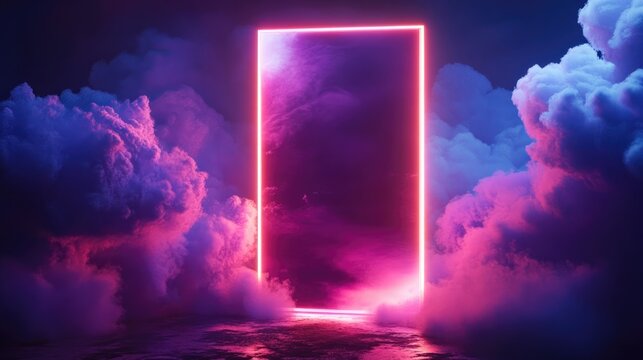 A captivating standing brochure mockup glowing with neon lights complemented by an ethereal cosmic backdrop adorned with vibrant clouds