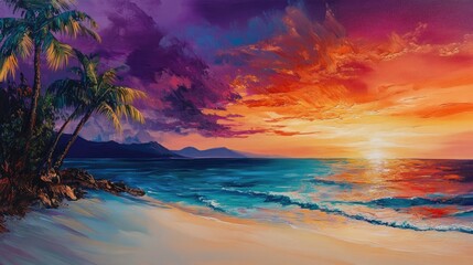 Vibrant tropical sunset over serene beaches with soft white sand where the tranquil sea meets a colorful summer sky
