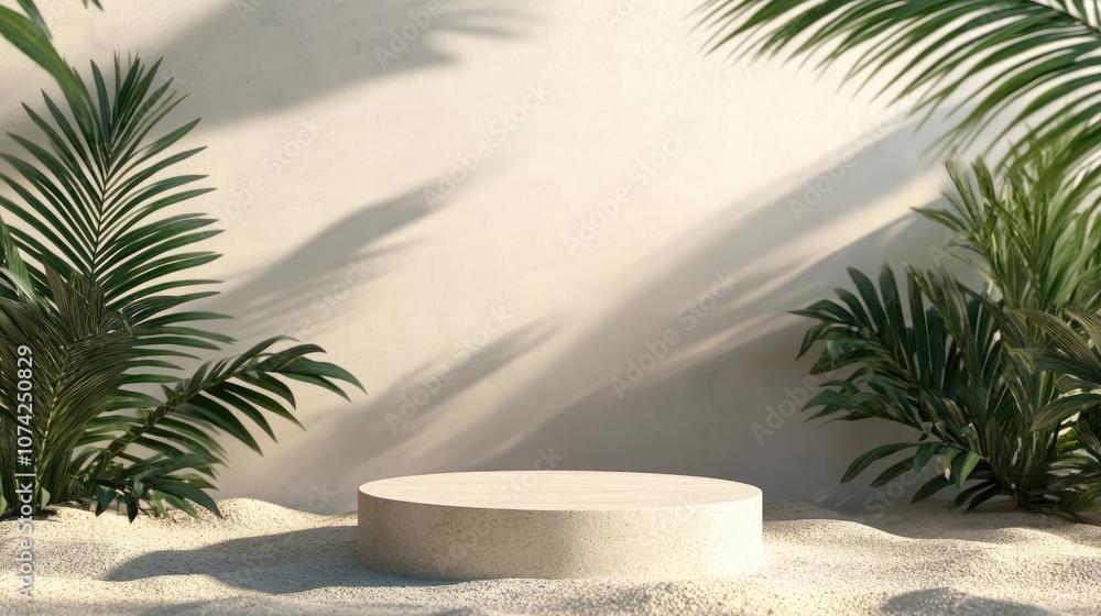 Poster minimalistic podium mockup on sandy surface with plants rendered in 3d for a fresh background concep