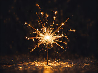 Vibrant golden sparkler lights up a dark scene