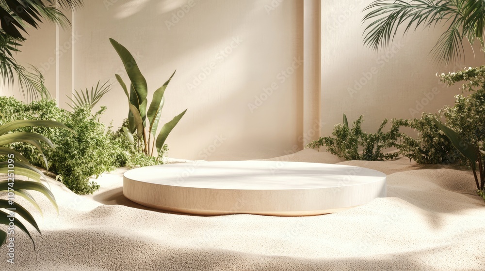 Poster minimalistic podium mockup on sandy surface with plants rendered in 3d for a fresh background concep