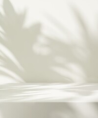 Obraz premium Modern, minimal empty cream white counter table top in dappled sunlight, leaf foliage shadow on wall for luxury organic fashion, beauty, cosmetic, skincare, body care product display background 3D