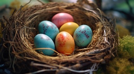 Obraz premium Colorful Easter Eggs Nestled in a Bird's Nest