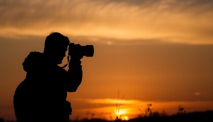 Fototapeta premium Silhouette of a photographer taking pictures of the sunset.
