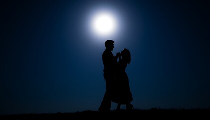 Silhouette of a couple dancing under the moonlight.