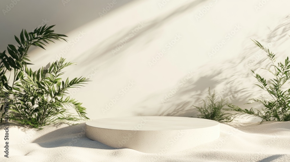 Poster minimalistic podium mockup on sandy surface with plants rendered in 3d for a fresh background concep