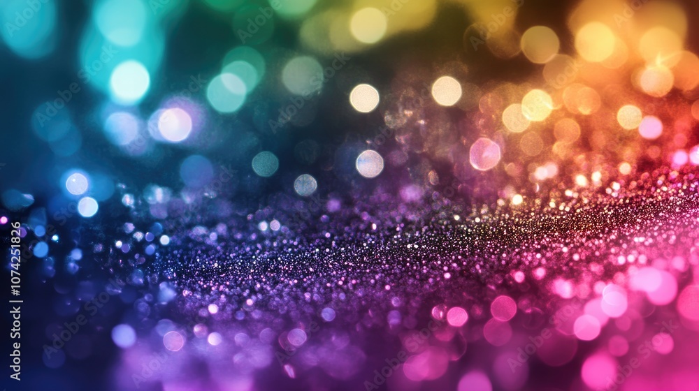 Poster abstract shimmering glitter particles in vibrant neon rainbow colors flow underwater creating a fest