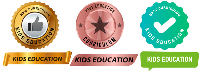 Kids education stamp badge colorful sticker emblem banner ribbon watermark sign children study element kindergarten academy icon set design collection