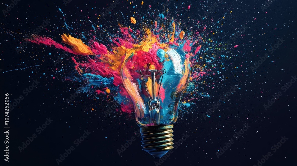 Poster colorful paint splashes from an exploding light bulb against a dark backdrop symbolizing innovative 