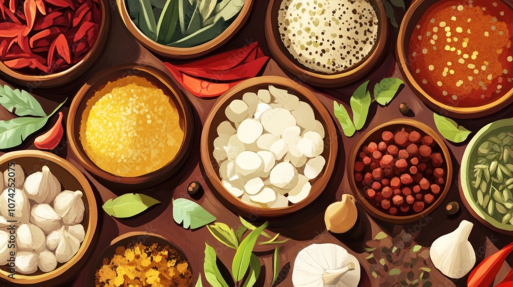 Poster digital illustration showcasing an array of spices and condiments commonly used in traditional cuisi