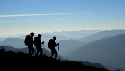 Silhouette of a group hiking in the mountains.