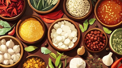 Digital illustration showcasing an array of spices and condiments commonly used in traditional cuisine