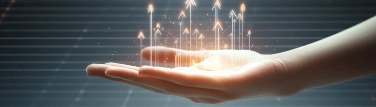 A hand holding glowing arrows representing growth and innovation.