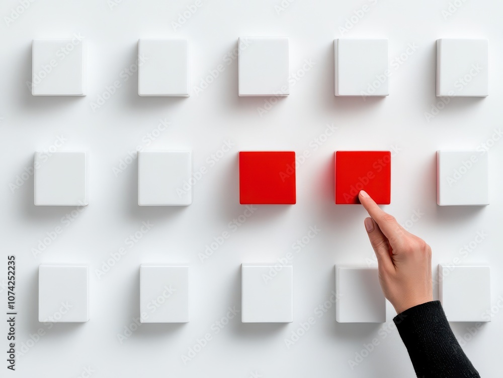 Poster a hand selecting a red element from a grid of white blocks.