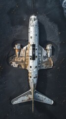Fototapeta premium Aerial View of Abandoned Plane Wreck on Black Sand 