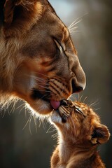 a lioness tenderly grooming her cub, tenderly licking its fur as the little ball of fur