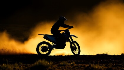 Silhouette of a trail motorbike rider in off-road terrain.