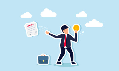 businessman holding a dollar coin, throwing away a contract paper, illustration of receiving a bonus for acquiring a new business project