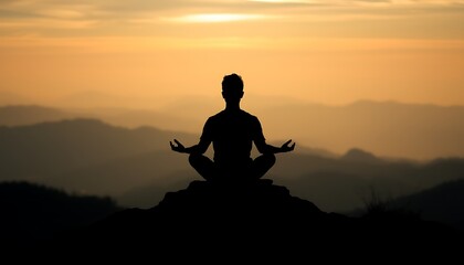 Silhouette of a person meditating on a mountaintop.
