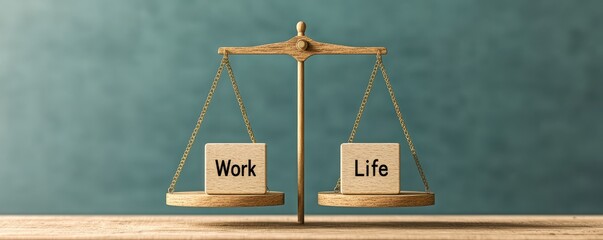The image depicts a balance scale with "Work" and "Life" on opposite sides, symbolizing the balance between professional and personal life.