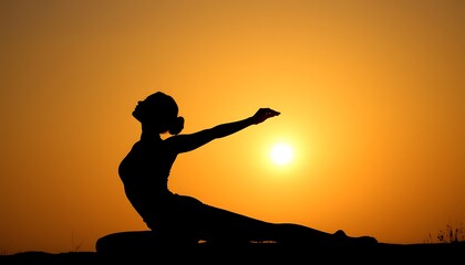 Silhouette of a yoga practitioner in a pose at sunrise.